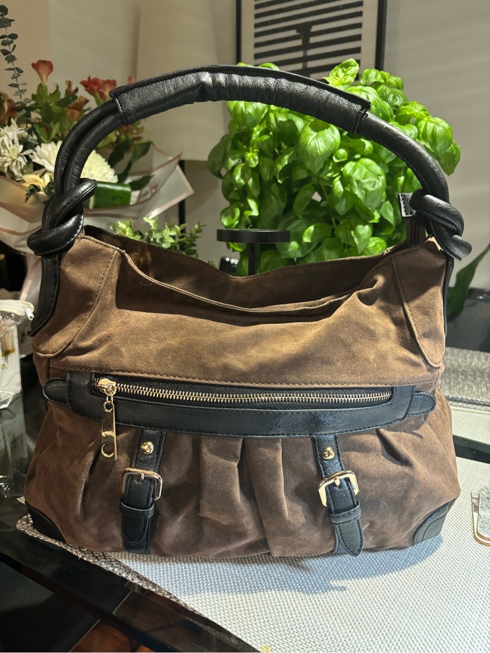 Classic Brown Suede Shoulder Bag with Black Trim